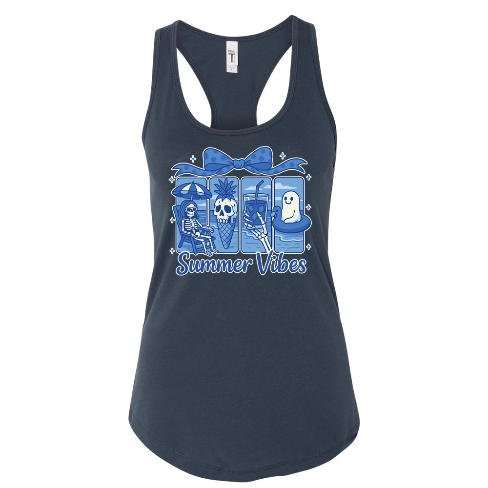 A black tank top with a graphic design featuring a skeleton, a ghost, and a palm tree, along with the text "Summer Vibes" printed on it.