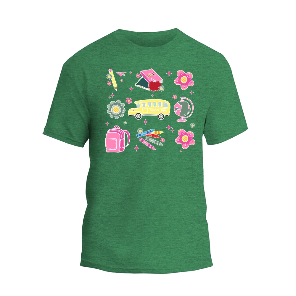 a green t - shirt with a picture of a school bus