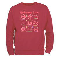 a red sweatshirt that says god says i am