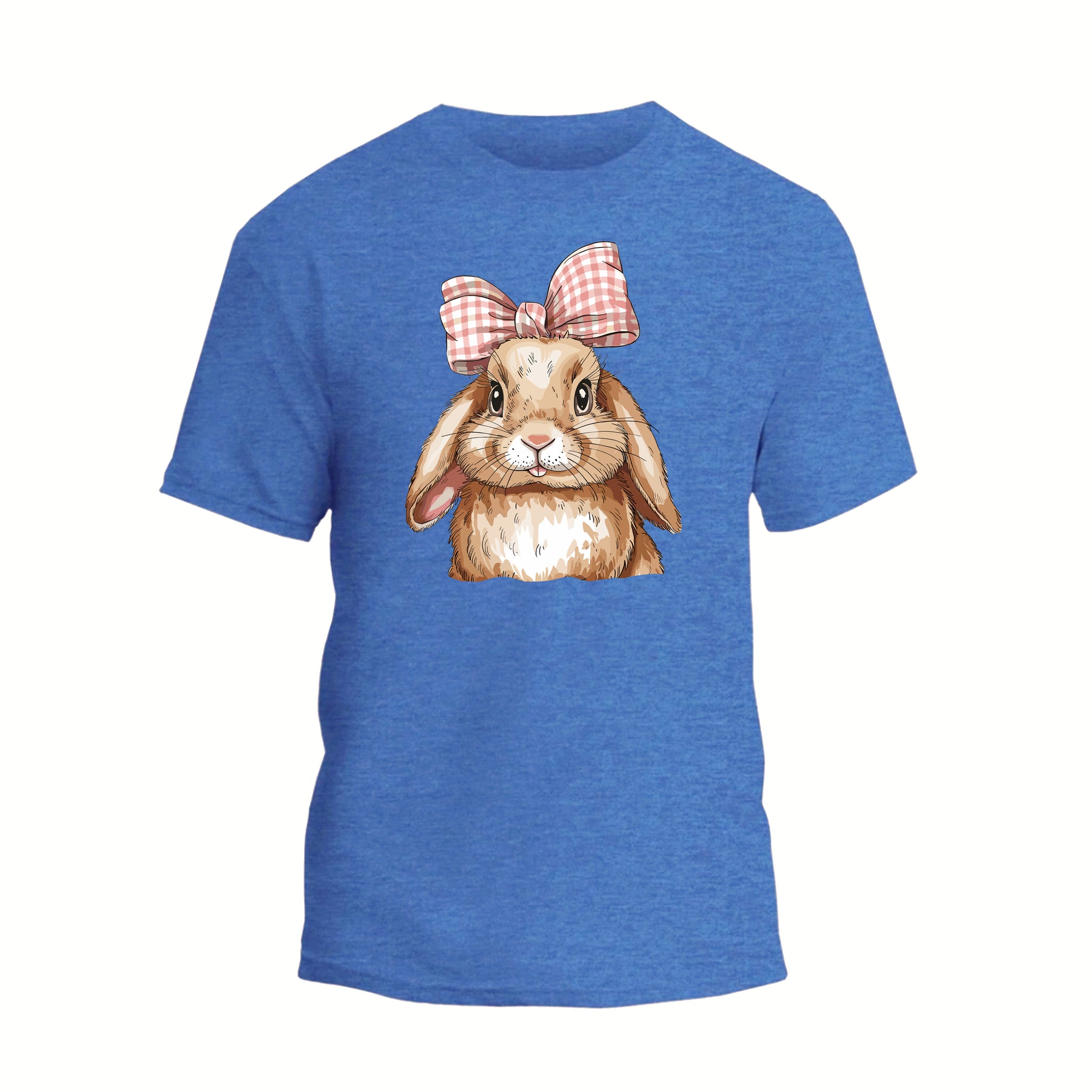 a blue t - shirt with a picture of a rabbit wearing a bow
