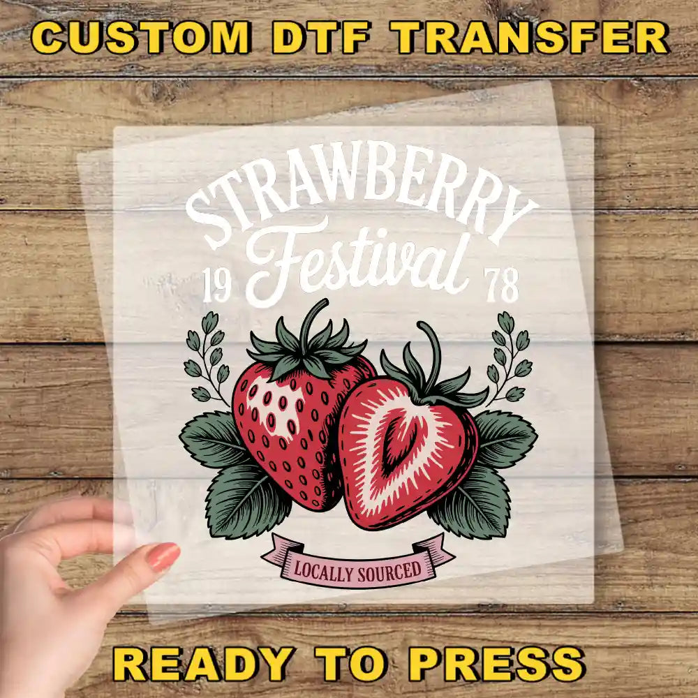The image is a promotional poster for the Strawberry Festival, featuring a hand holding a clear sheet with a strawberry illustration and the text "Strawberry Festival 1978 Locally sourced Ready to press".
