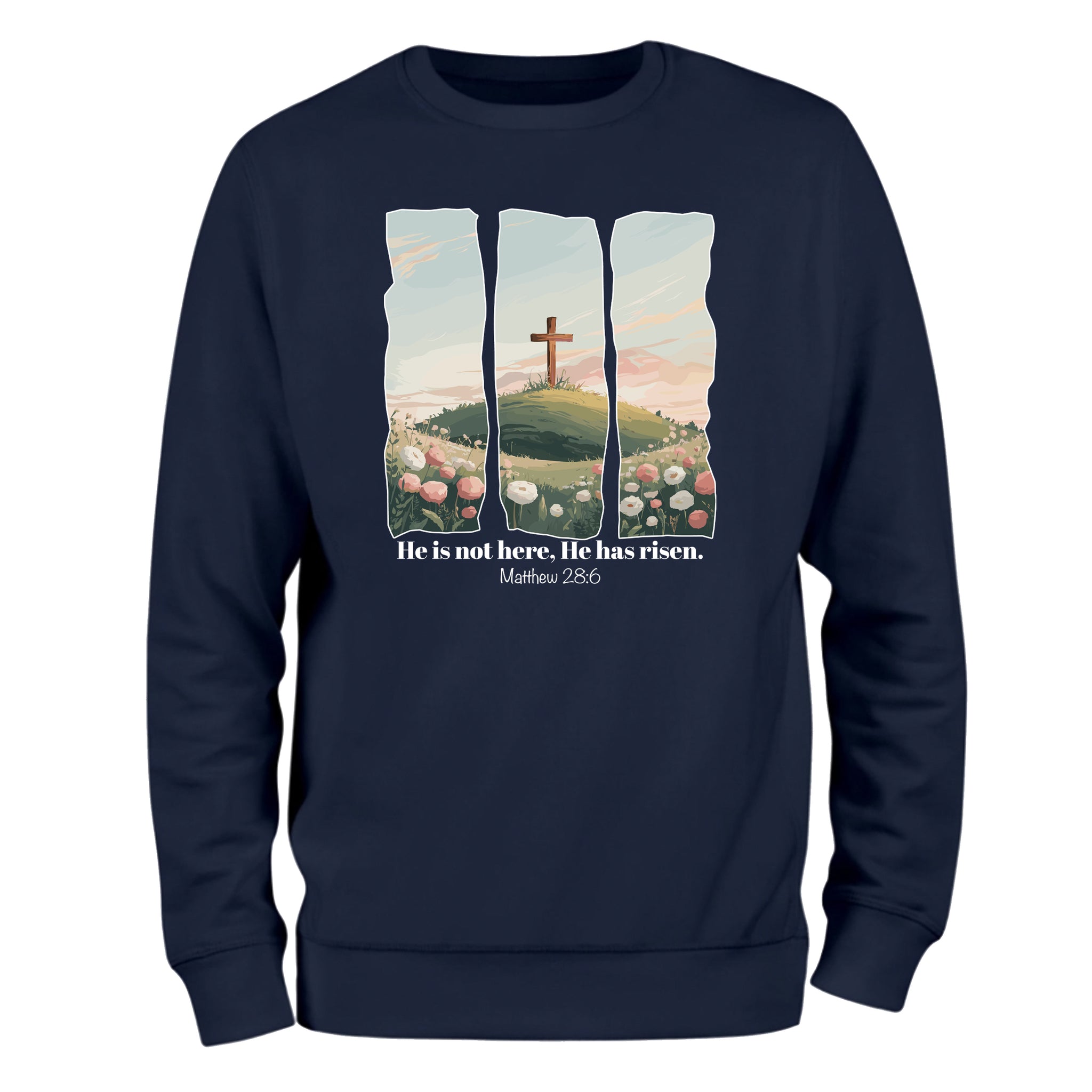 a blue sweatshirt with a picture of a cross on it