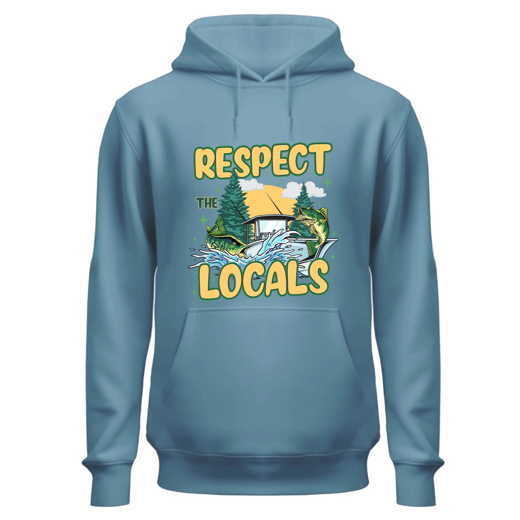 a blue hoodie that says respect the locals
