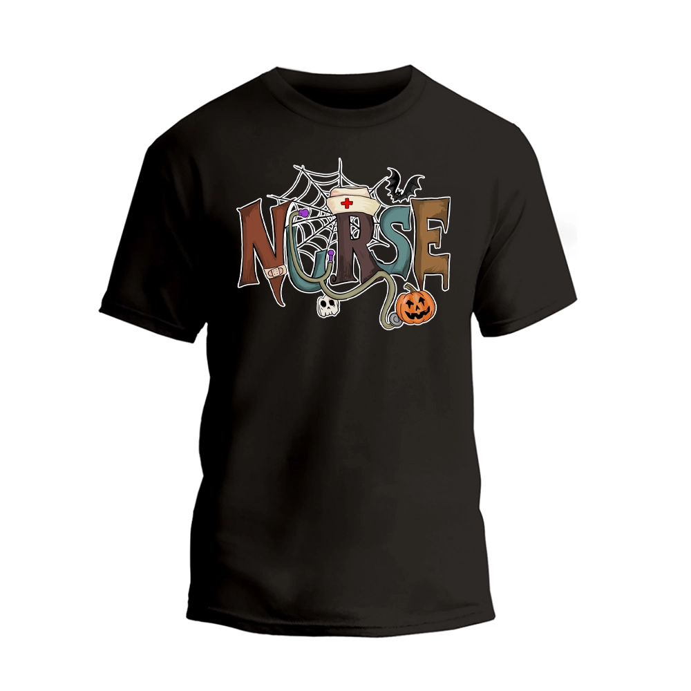 A black t-shirt with a graphic design featuring the word "NURSE" in a creative and colorful style, along with Halloween-themed elements such as a spider web, bats, a pumpkin, and a nurse's cap.