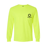 a neon yellow shirt with a black logo on the chest