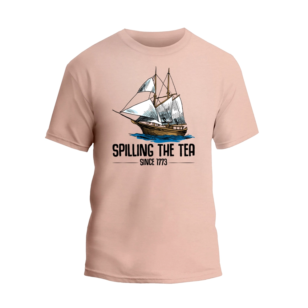 a pink shirt with a sailing the tea logo on it