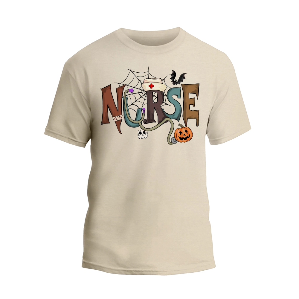 A beige t-shirt with the word "NURSE" written in a creative and colorful font, surrounded by Halloween-themed elements such as a spider web, bats, a pumpkin, and a stethoscope.