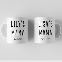 two white coffee mugs with the words lilly's mama printed on them