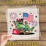 a picture of a frog sitting in a chair with a flag