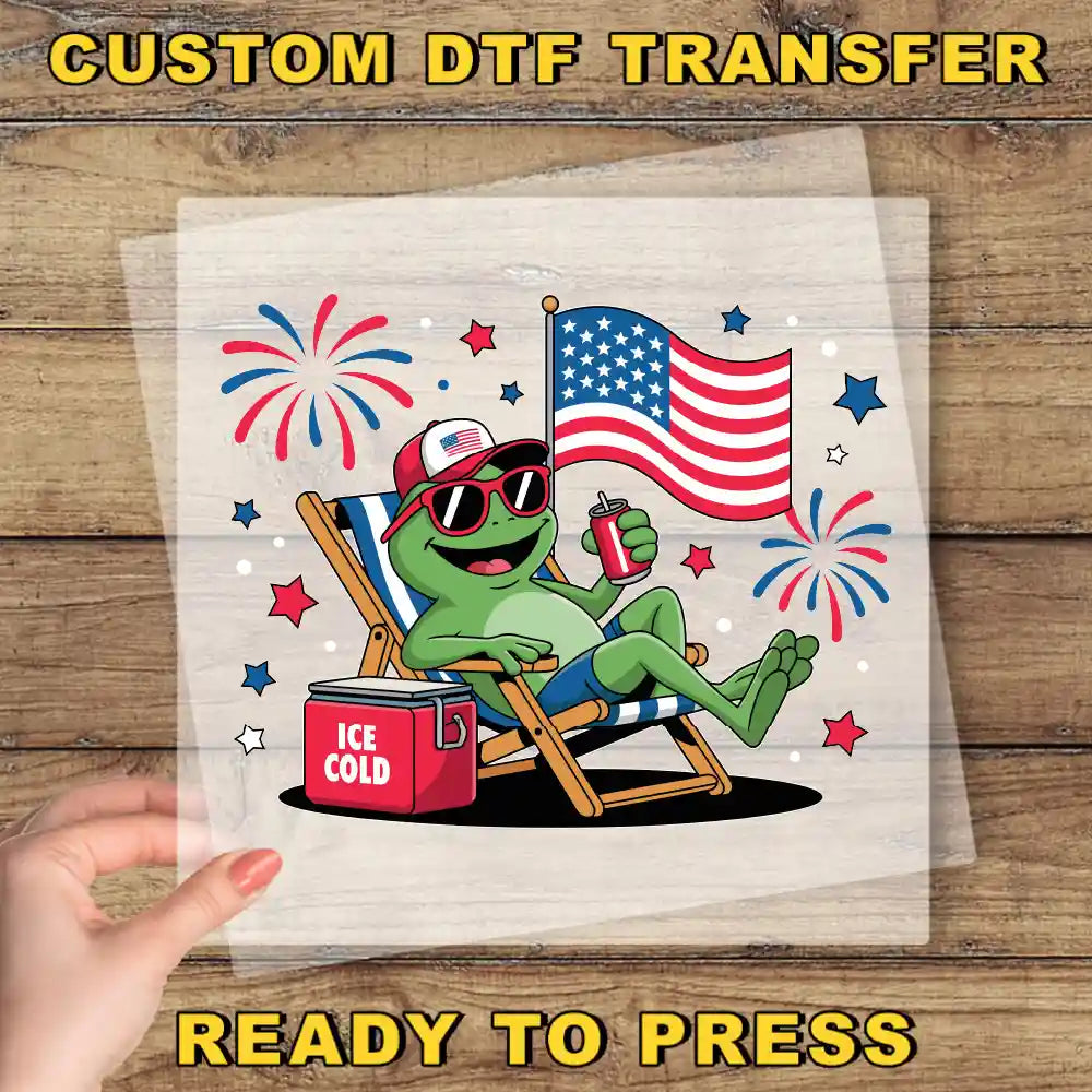 a picture of a frog sitting in a chair with a flag