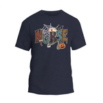 A dark blue t-shirt with the word "NURSE" written in a colorful, cartoonish font.