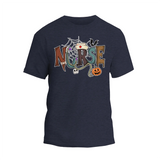 A dark blue t-shirt with the word "NURSE" written in a colorful, cartoonish font.
