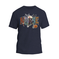 A dark blue t-shirt with the word "NURSE" written in a colorful, cartoonish font.