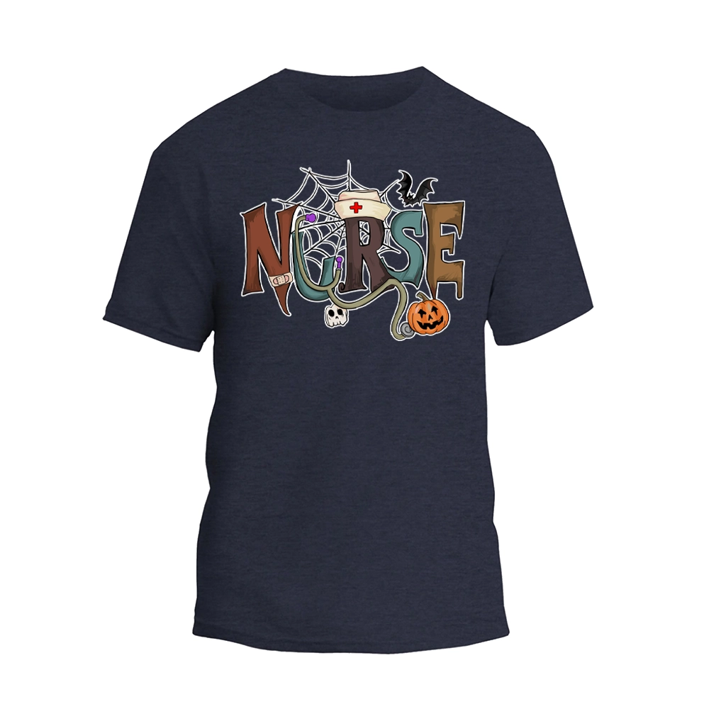 A dark blue t-shirt with the word "NURSE" written in a colorful, cartoonish font.