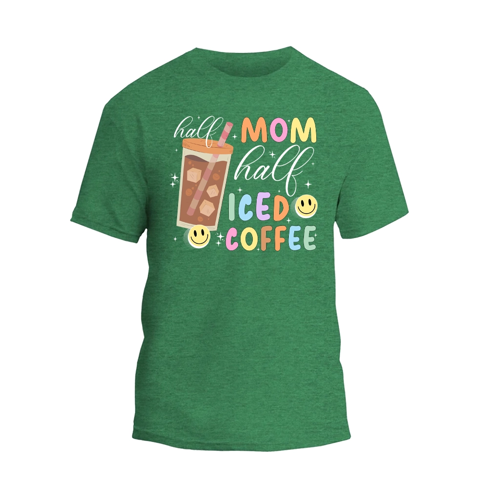 a green t - shirt with a picture of a iced coffee
