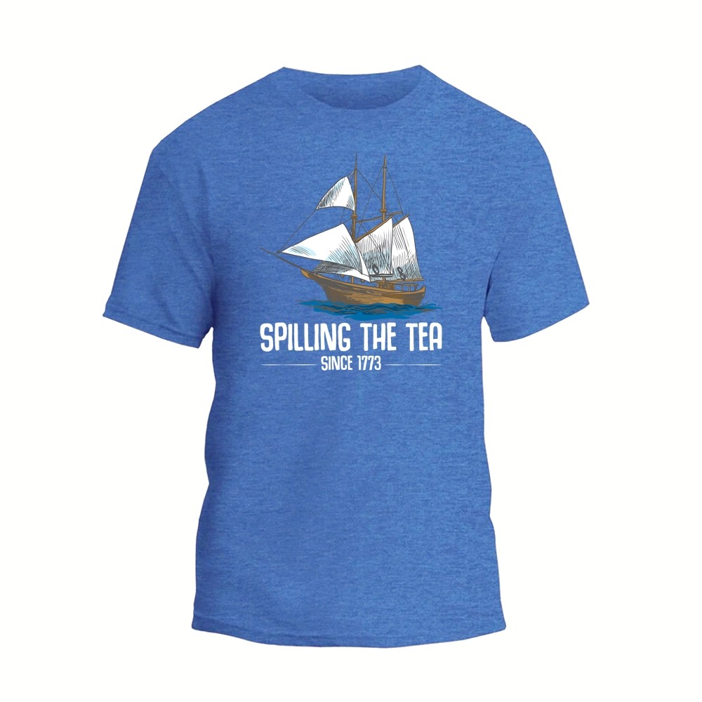 a blue t - shirt with a sailing the tea logo