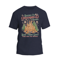A t-shirt design featuring a gingerbread house and text promoting a bakery.