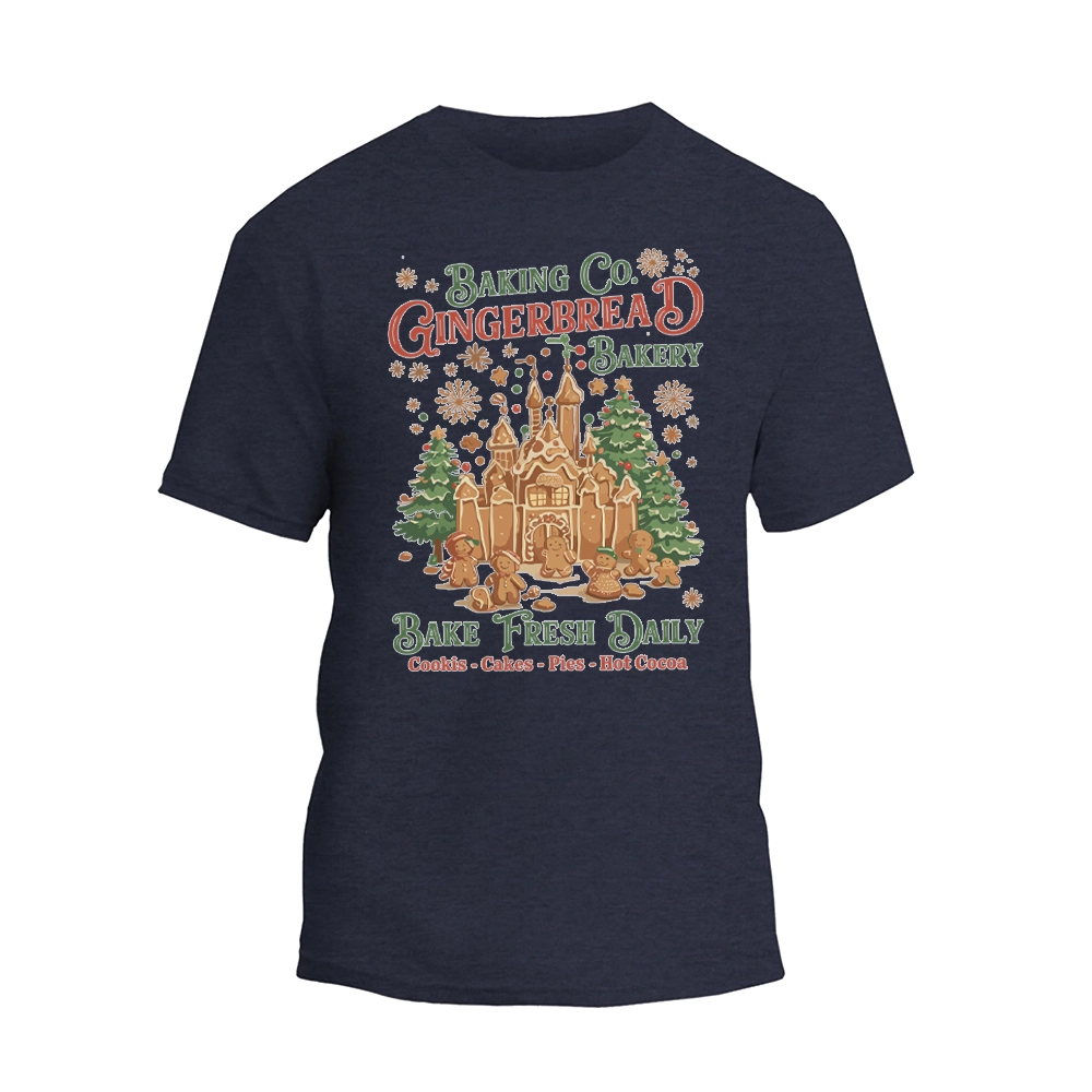 A t-shirt design featuring a gingerbread house and text promoting a bakery.