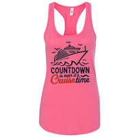 A pink tank top with a graphic design depicting a cruise ship and the text "COUNTDOWN is over it's Cruise time" printed on it.