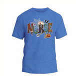 A blue t-shirt with the word "NURSE" written in a creative and colorful font, surrounded by various Halloween-themed elements such as bats, a spider web, and a jack-o-lantern.