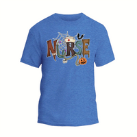 A blue t-shirt with the word "NURSE" written in a creative and colorful font, surrounded by various Halloween-themed elements such as bats, a spider web, and a jack-o-lantern.