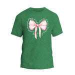a green shirt with a pink bow on it