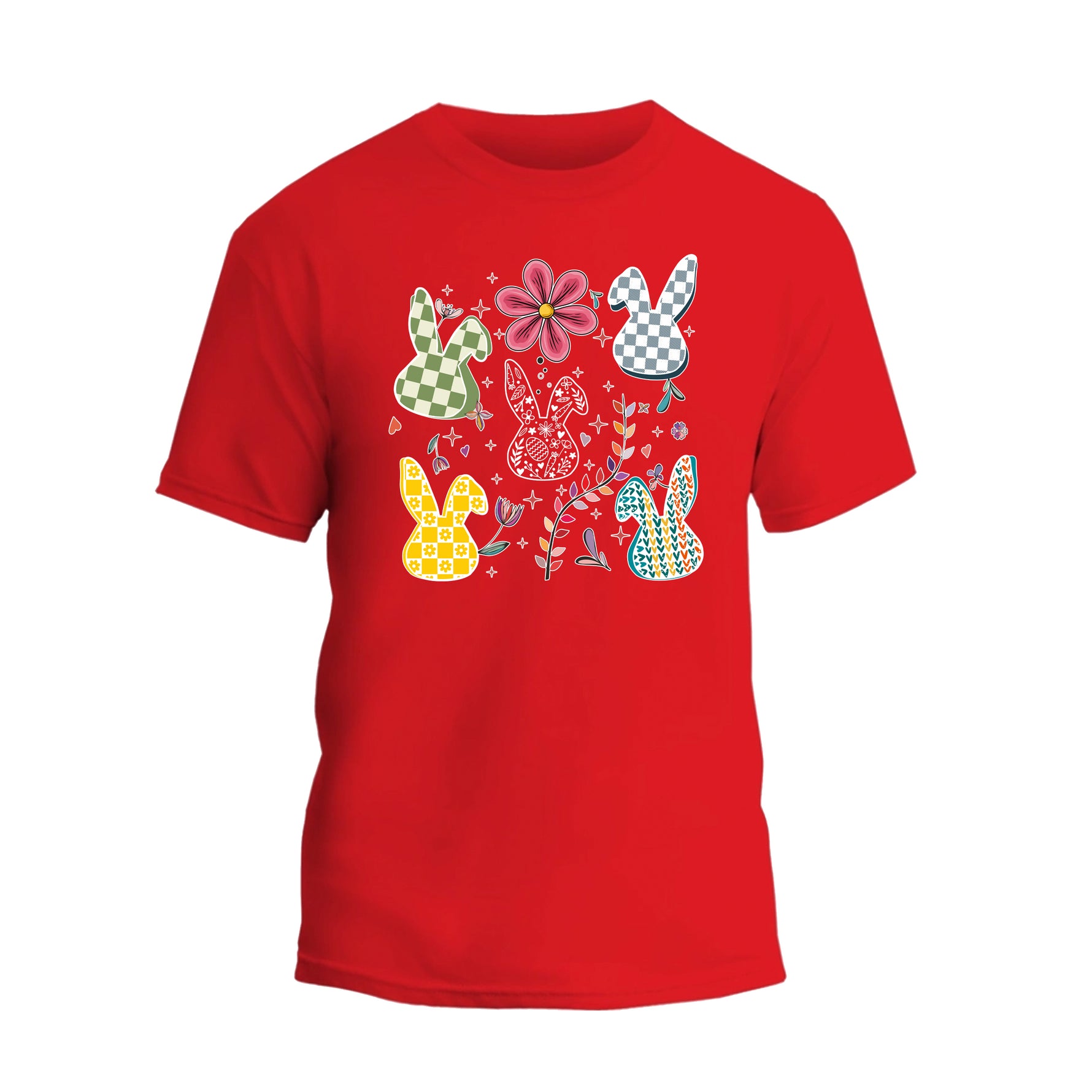 a red t - shirt with an image of a group of cartoon characters on it