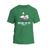 a green t - shirt with a sailing the tea logo