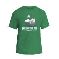 a green t - shirt with a sailing the tea logo