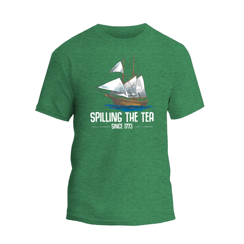 a green t - shirt with a sailing the tea logo