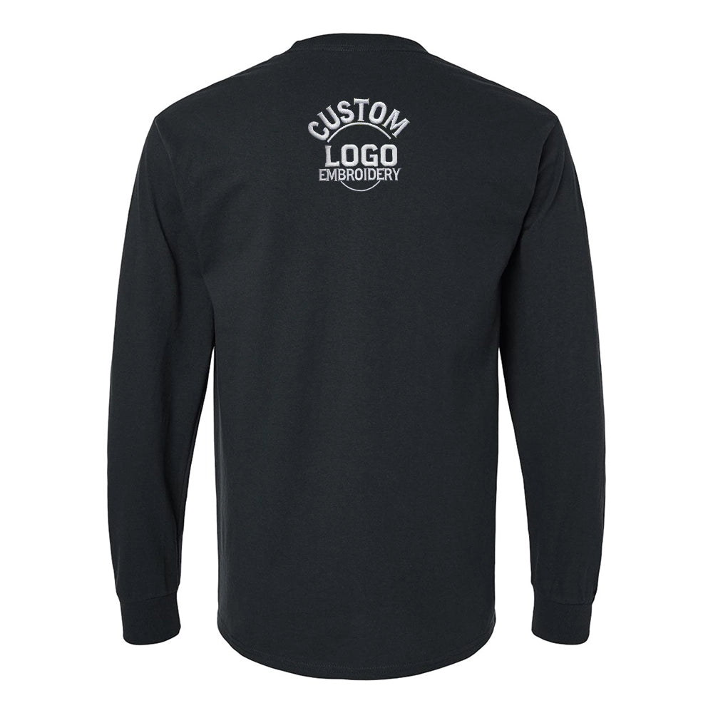 a black long sleeve shirt with a custom logo on the chest