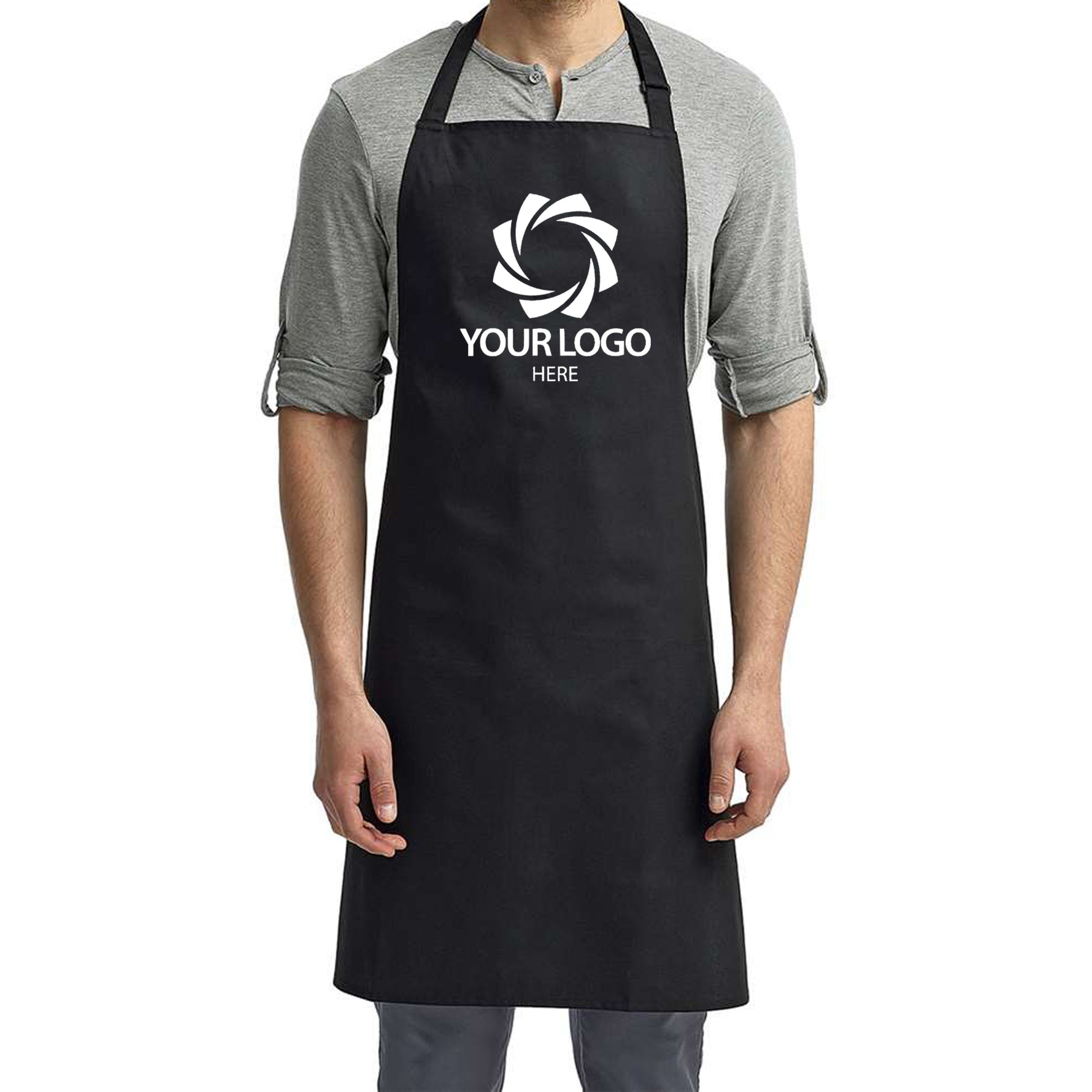 a man wearing a black apron with a logo on it