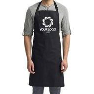 a man wearing a black apron with a logo on it