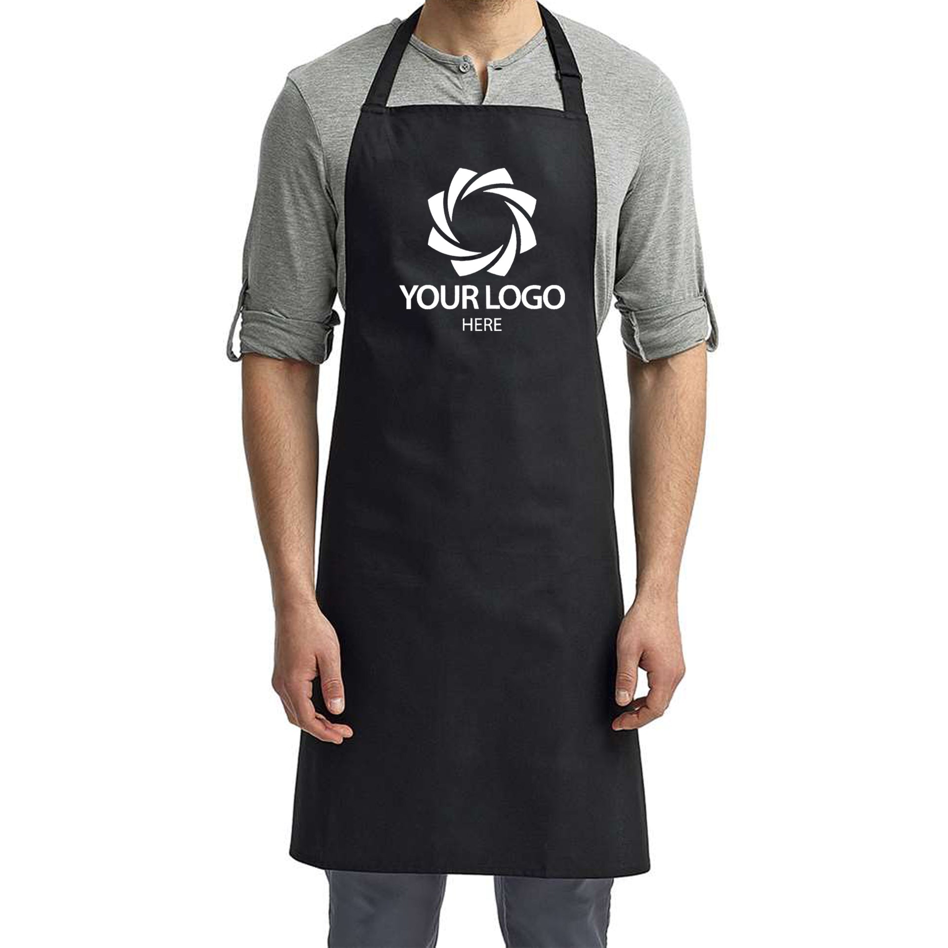 a man wearing a black apron with a logo on it