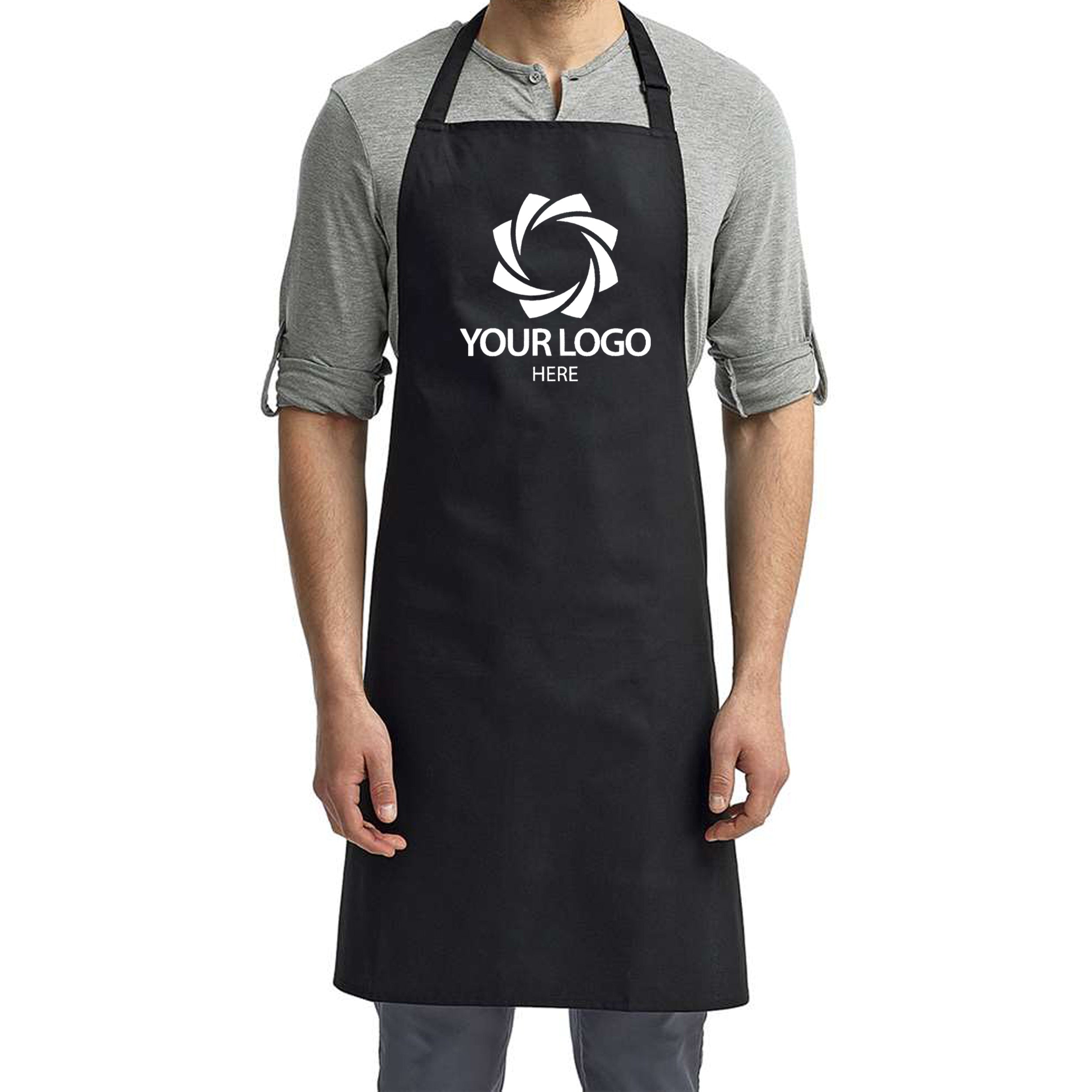 a man wearing a black apron with a logo on it