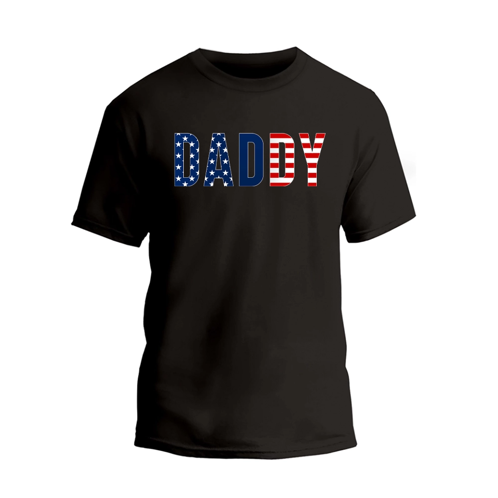 a black t - shirt with the word dad written in red, white and blue
