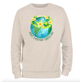a white sweatshirt with the earth and flowers on it