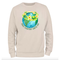 a white sweatshirt with the earth and flowers on it