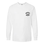 a white long sleeve shirt with a black logo on the chest