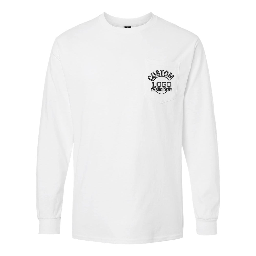 a white long sleeve shirt with a black logo on the chest