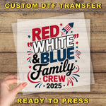a red, white and blue family crew sign