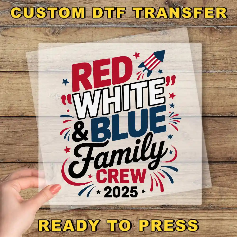 a red, white and blue family crew sign
