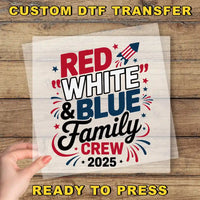 a red, white and blue family crew sign
