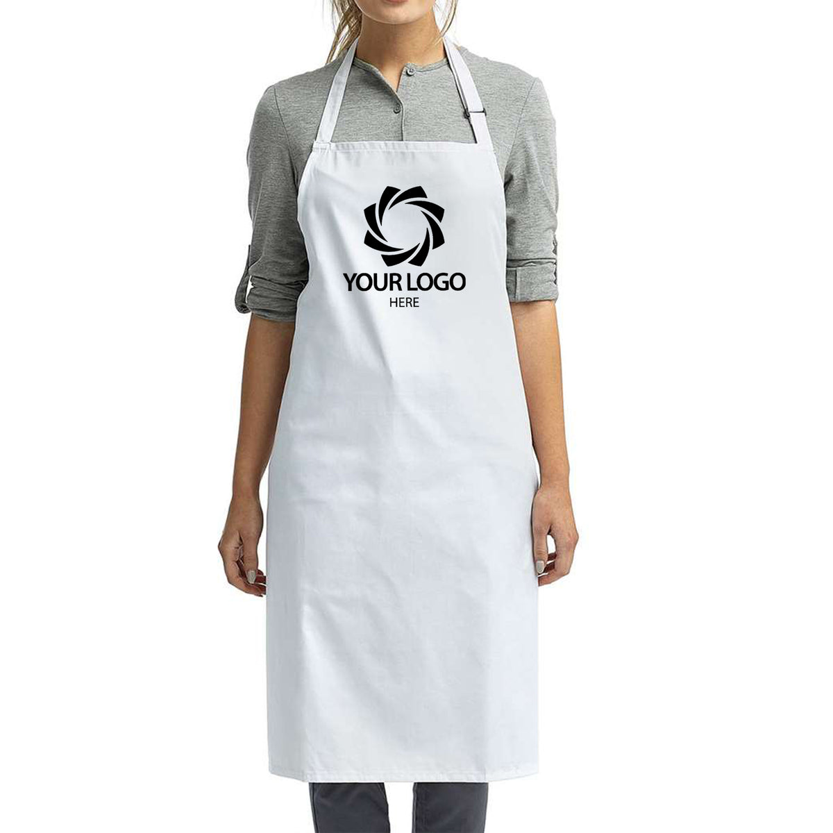 a woman wearing a white apron with your logo on it