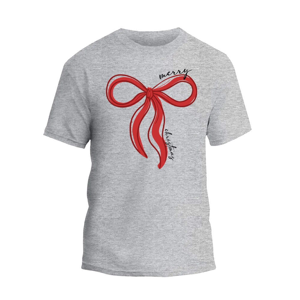 A gray t-shirt with a red ribbon graphic and the word "Merry" written on it.