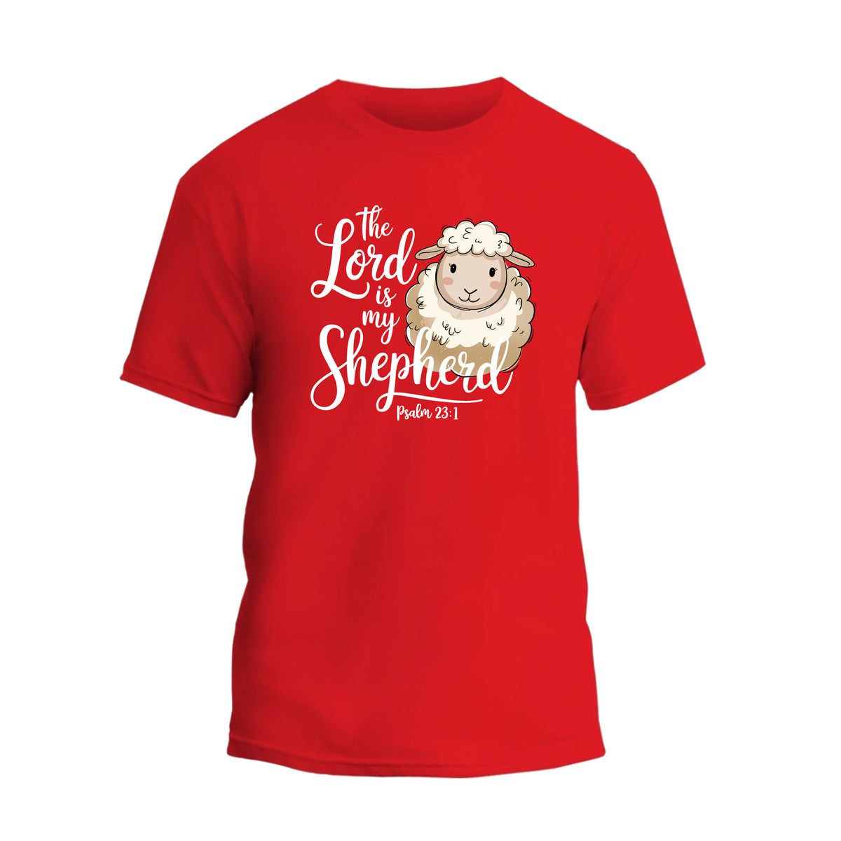 a red t - shirt with a sheep saying the lord is my shepherd