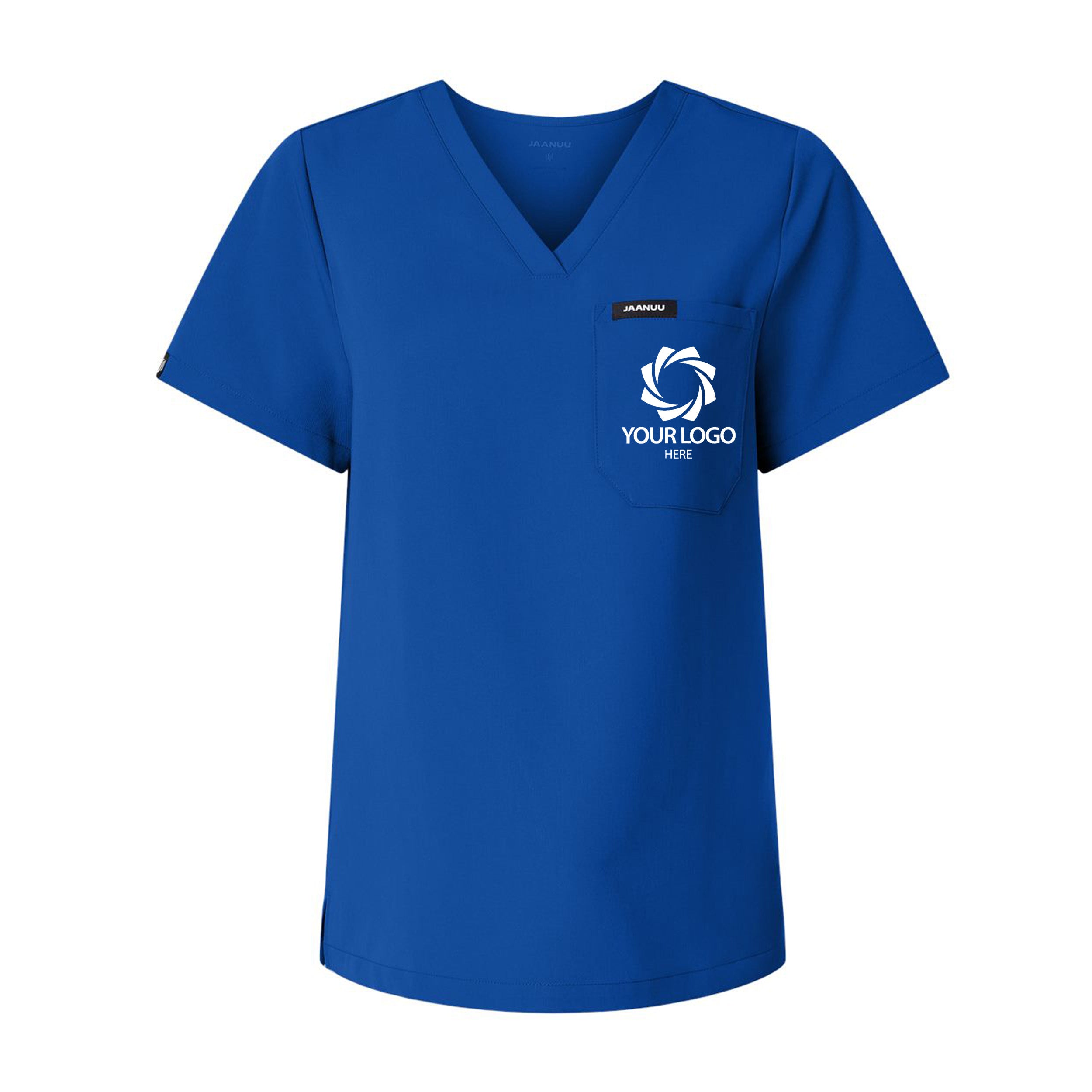 a women's v - neck shirt with a logo on the chest