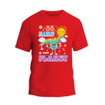 a red t - shirt with a cartoon character on it