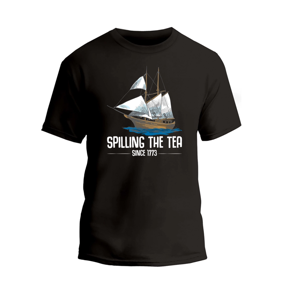 a black t - shirt with a sailing the tea logo on it