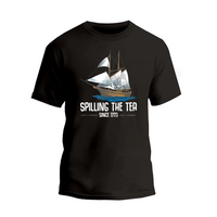 a black t - shirt with a sailing the tea logo on it